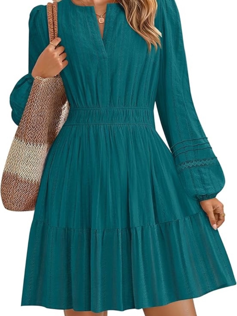 ZESICA Long Sleeve V Neck Mini Dress Green- Size Medium